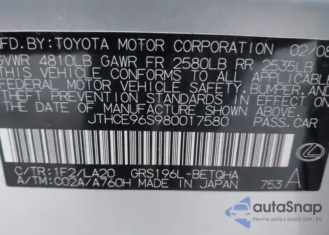 2008 Lexus Gs 350 from USA, damaged, VIN JTHCE96S980017580